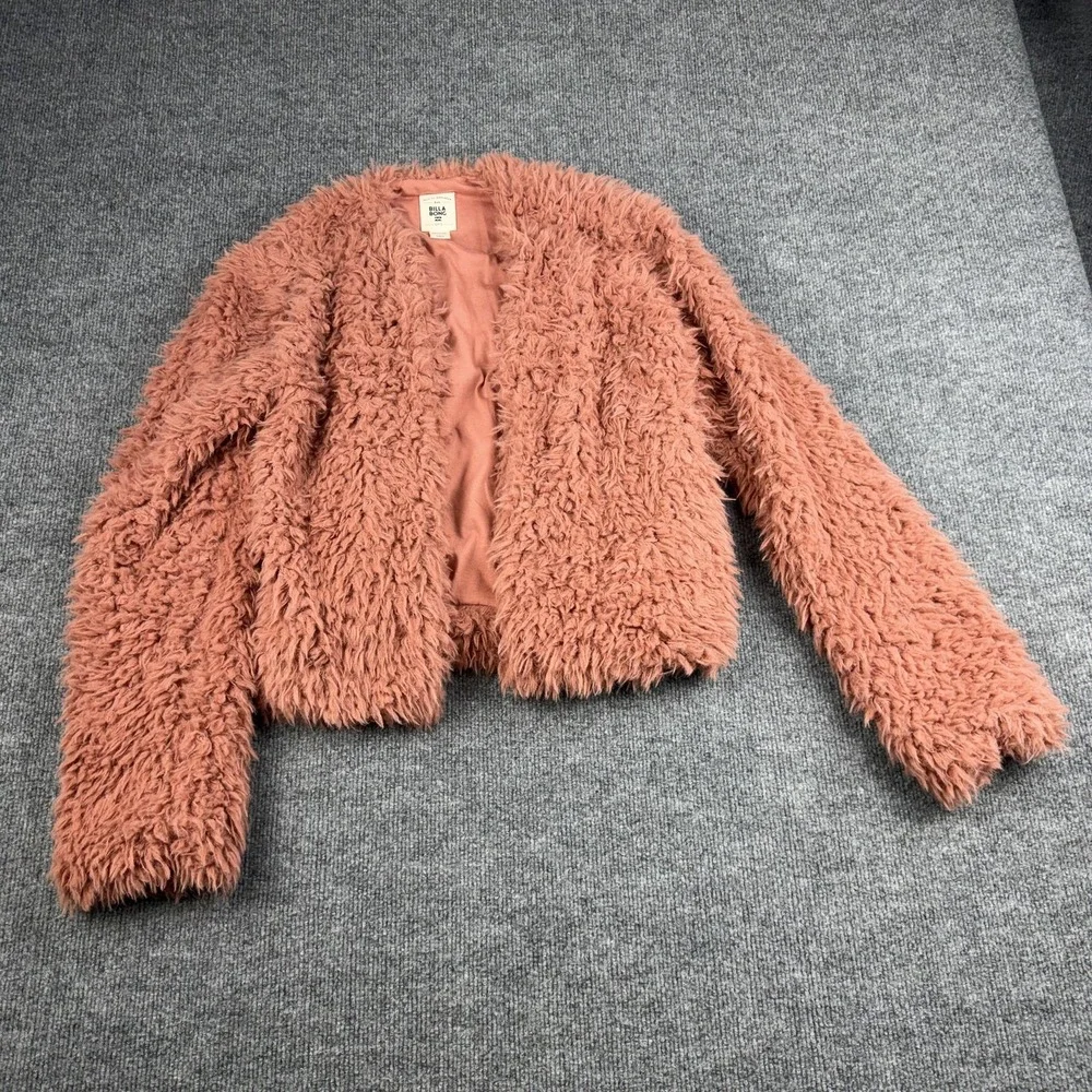 Billabong Jacket Womens Large Pink‎ Faux Fur Shaggy Cropped Open Front Lined